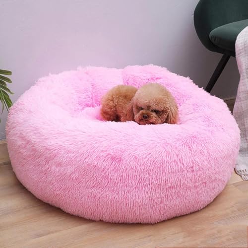 MQXDNFDC Rundes Plüsch-Katzen- und Hundebett, waschbar, beruhigendes Donut-Kuschelbett, superweich, flauschig, Welpenmatte für warmen Winter, Größe XS, Blau (Hellrosa, 110 cm) von MQXDNFDC
