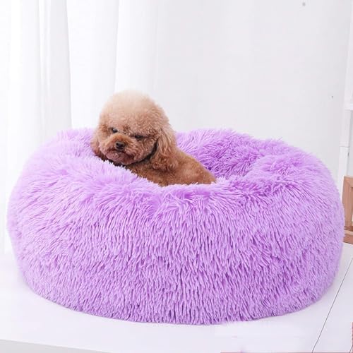 MQXDNFDC Rundes Plüsch-Katzen- und Hundebett, waschbar, beruhigendes Donut-Kuschelbett, superweich, flauschig, Welpenmatte für warmen Winter, Größe XS, Blau (Violett, 110 cm) von MQXDNFDC