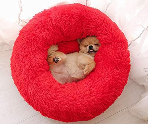 MQXDNFDC Rundes Plüsch-Katzen- und Hundebett, waschbar, beruhigendes Donut-Kuschelbett, superweich, flauschig, Welpenmatte für warmen Winterschlaf, Größe XS, Blau (Rot, 120 cm) von MQXDNFDC