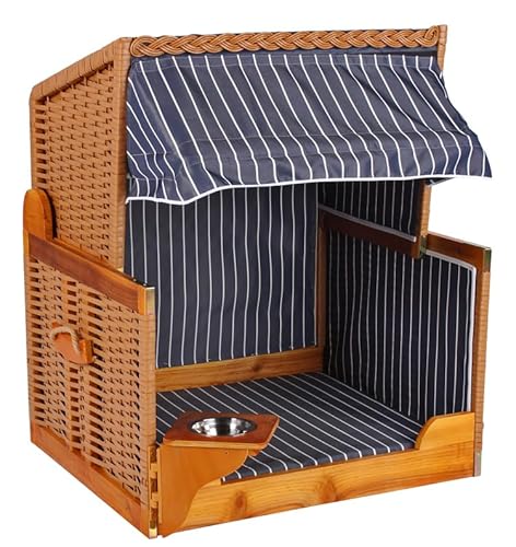 MR. DEKO® Hundestrandkorb Wacholder PE Beige | Dessin blau gestreift | Sonnenschutz Hunde und Katzen | Hundebett - Katzenbett mit Futternapf - Edelstahl Wassernapf schwenkbar von MR. DEKO