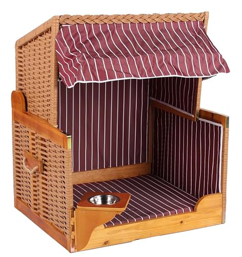 MR. DEKO® Hundestrandkorb Wacholder PE Beige | Dessin rot gestreift | Sonnenschutz Hunde und Katzen | Hundebett - Katzenbett mit Futternapf - Edelstahl Wassernapf schwenkbar von MR. DEKO