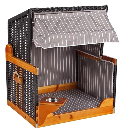 MR. DEKO® Hundestrandkorb Wacholder PE Schwarz | Dessin grau gestreift | Sonnenschutz Hunde und Katzen | Hundebett - Katzenbett mit Futternapf - Edelstahl Wassernapf schwenkbar von MR. DEKO