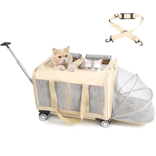 MR.BLACAT Katzentransporttasche mit Rädern & Abnehmbarem Untergestell – Zweikammer-Design, Transportbox Katze Groß für 2 Katzen, Ideal für Reisen, Tierarzt & Camping (55x44x33cm) von MR.BLACAT