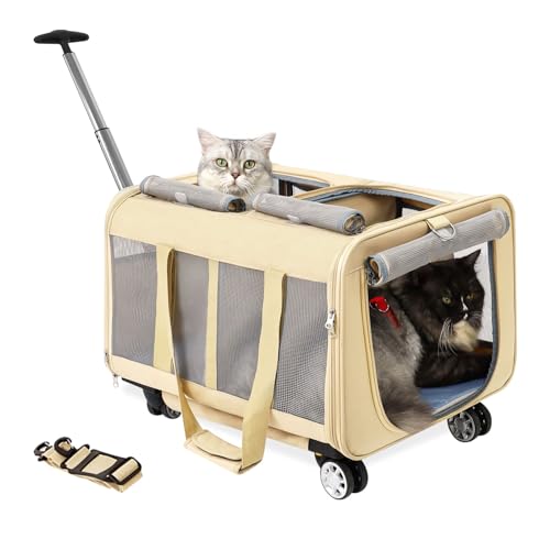 MR.BLACAT Katzentransportbox für 2 Katzen mit Rollen - Katze Trolley für 2 Katzen - Katzentrolley für Haustiere mit Belüfteten Fenstern, Katzen Transporttasche für 2 Katzen von MR.BLACAT