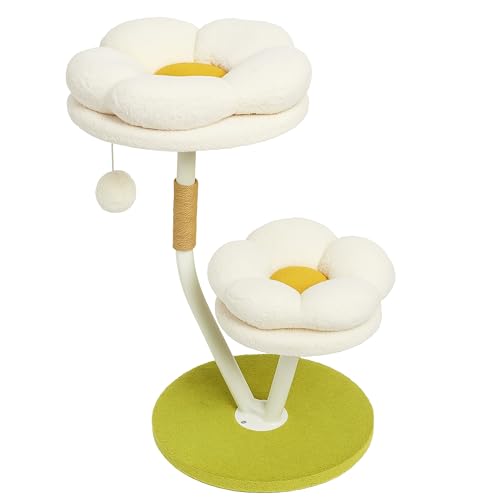 Daisy Flower Katzenbaum Turm Condo für Indoor-Katzen mit gepolsterter Sitzstange, Sisal-Kratzbaum, Stahlpfosten, Grüner Boden, Weiß von MRKHO