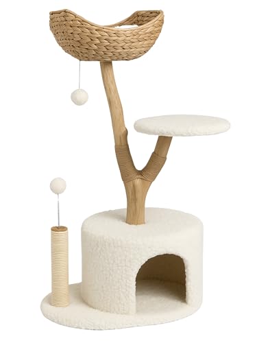 Moderner Katzenbaum Tower Condo für Indoor-Katzen, mit gewebter Korbstange, Plüschkissen, Kratzbaum und Höhle, baumelnde Bälle, Weiß Moderner Katzenbaum Tower Condo für Indoor-Katzen, mit gewebter Korbstange, Plüschkissen, Kratzbaum und Höhle, baumelnde Bälle, Weiß von MRKHO