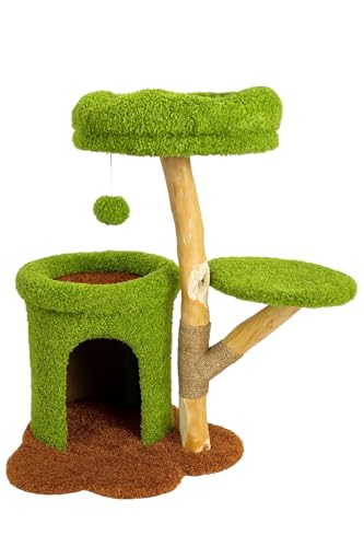 Moderner Katzenbaum Tower Condo für Indoor-Katzen mit Plüsch grünen Sitzstangen, Versteck Höhle, Kratzbaumbaum, Baumelnder Ball, Naturholzpfosten, Grün mit brauner Basis von MRKHO