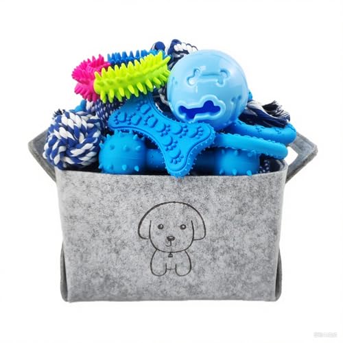 MRSOHRET Kauspielzeug für Hunde – Blaue Serie Kauspielzeug für Welpen, Zahnspielzeug mit robustem Seil, Gummiballring, interaktives Spielzeug für kleine und mittelgroße Hunde mit Korb, 21 Stück von MRSOHRET