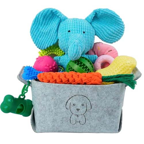 MRSOHRET Kauspielzeug für Welpen, Kauspielzeug für Hunde, mit Seilspielzeug, Hundezahnbürste, Leckerlibälle, Plüschspielzeug und Quietschspielzeug für kleine und mittelgroße Hunde mit Korb, 20 Stück von MRSOHRET