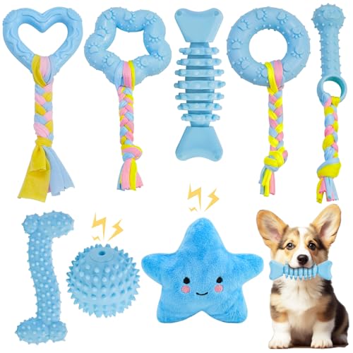 MRSOHRET Puppy Toys, 8 Pack Puppy Chew Toys for Teething, Cute Blue Small Dog Toys Set, Tething Toys for Puppies, Soft Durable Interactive Chew Toy for Small Dogs von MRSOHRET