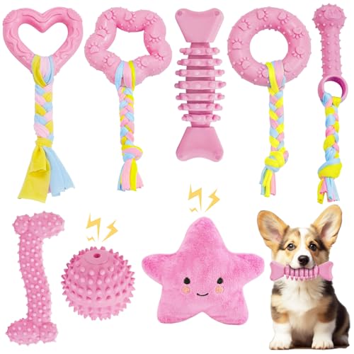 MRSOHRET Puppy Toys, 8 Pack Puppy Chew Toys for Teething, Cute Pink Small Dog Toys Set, Tething Toys for Puppies, Soft Durable Interactive Chew Toy for Small Dogs von MRSOHRET