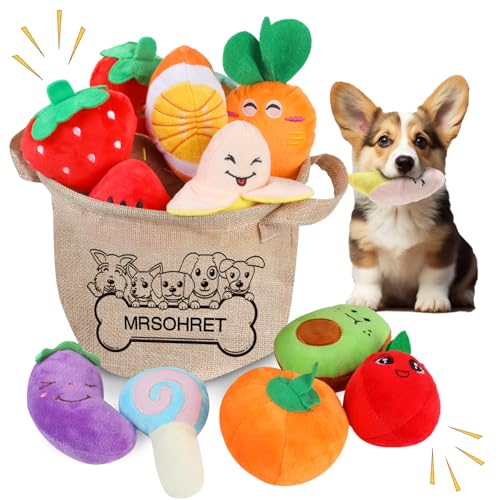 MRSOHRET Quietschendes Hundespielzeug, kleines Plüsch-Welpenspielzeug, Hundespielzeug, um sie zu beschäftigen, interaktives Quietschspielzeug für kleine und mittelgroße Hunde mit Korb, reduziert von MRSOHRET