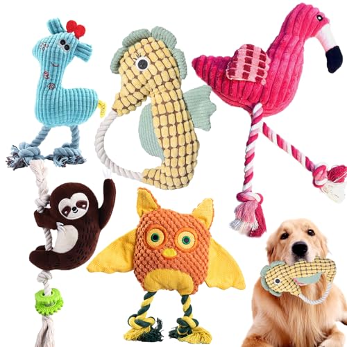 MRSOHRET Quietschendes Hundespielzeug, robustes Kauspielzeug, gefüllter Plüsch, strapazierfähiges Zahn-Zugseil-Spielzeug-Set für kleine, mittelgroße und große Hunde, interaktives Hundespielzeug, 5 von MRSOHRET