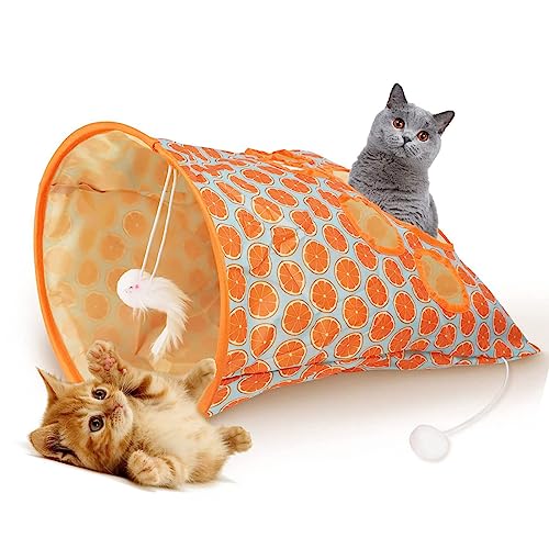 Katzen -Tunnel -Beutel Faltbare Interaktive 5 Löcher Crinkle Sounds Tunnel Haustierbohrer mit Plüschkugeln für Katzen Kätzchen Polyester Stoff Leicht Tragbar (Orange) von MRSTORY