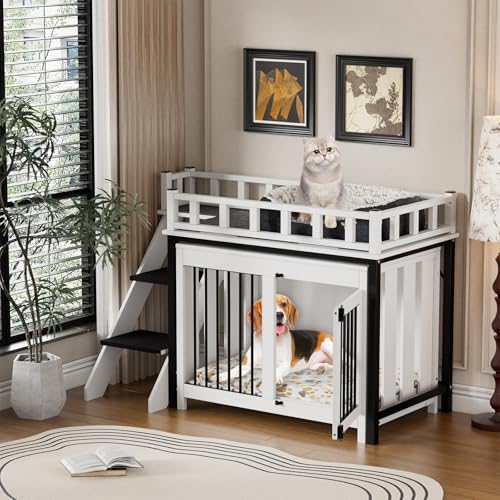 Hundebox Möbel mit Balkon Hundehütte im Möbelstil mit Mehrzweckdecke und flauschigem Hundebett Hundebox für Zuhause Moderne Indoor Hundezwinger mit Treppe für Kleine Mittele Hunde, 120x56x65CM Hundebox Möbel mit Balkon Hundehütte im Möbelstil mit Mehrzweckdecke und flauschigem Hundebett Hundebox für Zuhause Moderne Indoor Hundezwinger mit Treppe für Kleine Mittele Hunde, 120x56x65CM von MSFE