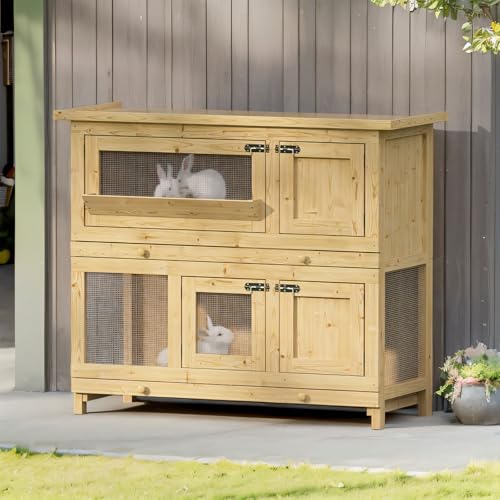 Kaninchenstall Hasenstall aus massiven Holz,Meerschweinchenstall für draußen,Kleintierstall erhöhtes Haustier Haus Käfig, Reptilienkäfig für Kleintiere, Einfach und schnell zu reinigen 120*48.2*102CM von MSFE