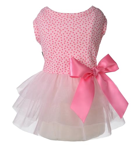MSNFOASM Charmantes Sternen-Strickoberteil mit flauschigem Chiffonrock, rosa Hundekleid (rosa Sterne, XS) von MSNFOASM