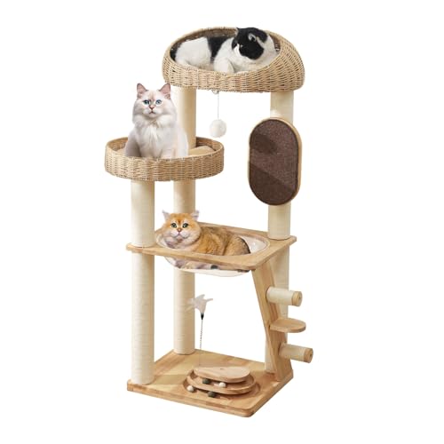 Kratzbaum aus Massivholz, 127,7 cm, moderner Katzenturm mit Raumkapsel, handgewebtes Korbnest, Sisalstämme & Kratzbrett, robuster mehrstufiger Indoor-Turm Kratzbaum aus Massivholz, 127,7 cm, moderner Katzenturm mit Raumkapsel, handgewebtes Korbnest, Sisalstämme & Kratzbrett, robuster mehrstufiger Indoor-Turm von MSNWCAAAT