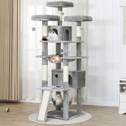 Kratzbaum für Große Katzen 194 cm hoch, Katzenbaum mit 2 Höhlen, 3 Aussichtsplattformen, 2 Liegemulden, Sisal Seil Kratzsäulen, viele Plüschbälle, hellgrau Kratzbaum für Große Katzen 194 cm hoch, Katzenbaum mit 2 Höhlen, 3 Aussichtsplattformen, 2 Liegemulden, Sisal Seil Kratzsäulen, viele Plüschbälle, hellgrau von MSmask