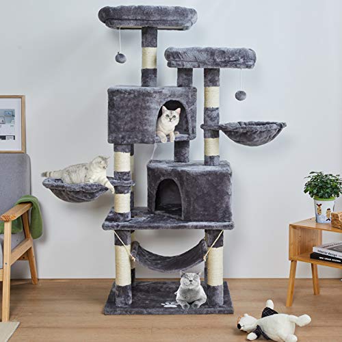 MSmask Stabiler Kratzbaum, Kratzbaum groß mit 2 Plattformen, Katzenbaum für Große Katzen, mit großer Höhle, Sisalstämme, Natur Sisal Katzenkratzbaum, Hellgrau von MSmask