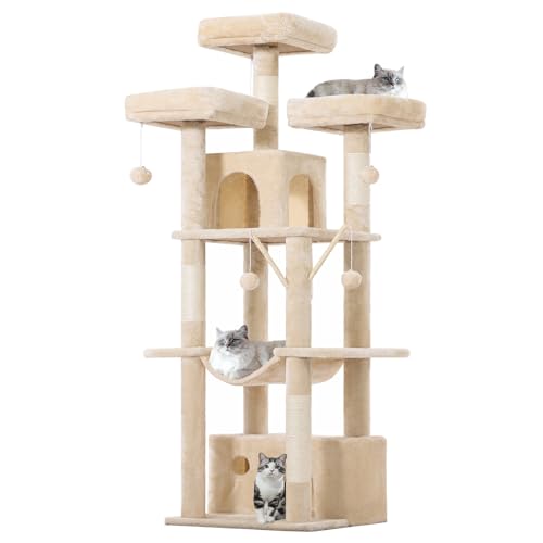 MSmask Kratzbaum, Katzenbaum Groß mit 3 kuscheligen Aussichtplattformen, 2 Höhlen, Hängematte, abnehmbare Pomponstäbchen, Spielhaus für Katzen (Beige, 158 cm hoch) von MSmask