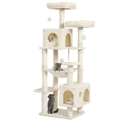 MSmask Kratzbaum groß, L Katzenbaum Stabil 160 cm, Katzenkratzbaum mit 2 Plattformen, 2 Katzenhöhlen, 1 Hängematte, Sisalsäulen, mehrstöckiger Kletterbaum für Katzen, Beige von MSmask