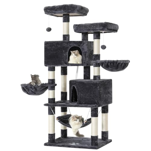MSmask Stabiler Kratzbaum, Kratzbaum groß mit 2 Plattformen, Katzenbaum für Große Katzen, mit großer Höhle, Sisalstämme, Natur Sisal Katzenkratzbaum, Dunkelgrau von MSmask