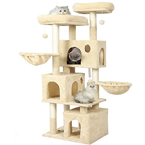 MSmask Kratzbaum für große Katzen, Katzenbaum mit 2 Plattformen und 3 Katzenhöhlen, Stabiler Kletterbaum (156CM Beige) von MSmask