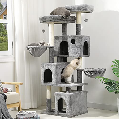MSmask Kratzbaum für große Katzen, Katzenbaum mit 2 Plattformen und 3 Katzenhöhlen, Stabiler Kletterbaum (156CM Hellgrau) von MSmask