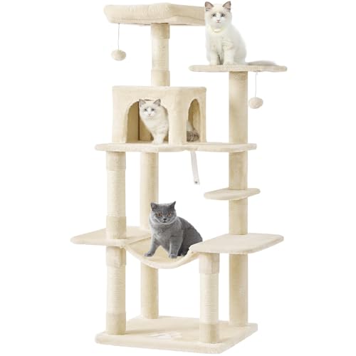 MSmask Kratzbaum groß, L Katzenbaum Stabil, Katzenkratzbaum mit Plattformen, Katzenhöhlen, Hängematte, Sisalsäulen, mehrstöckiger Kletterbaum für Katzen (Beige, 150cm) von MSmask
