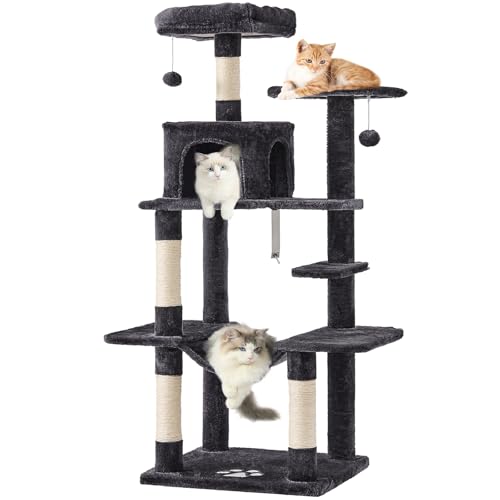 MSmask Kratzbaum groß, L Katzenbaum Stabil, Katzenkratzbaum mit Plattformen, Katzenhöhlen, Hängematte, Sisalsäulen, mehrstöckiger Kletterbaum für Katzen (Dunkelgrau, 150cm) von MSmask