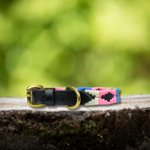 Lederne Hundehalsband Im Polo-Stil – Handgefertigt Aus Premiumleder – Robuste Schnalle – In 5 Größen & Mehreren Farben – MTB Equestrian (Rosa/Weiß/Blau, L) von MTB Equestrian