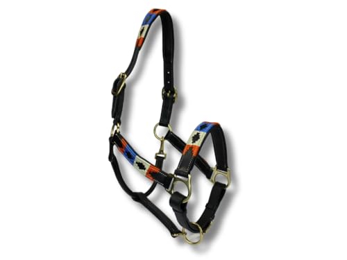 MTB Equestrian Exklusives Lederhalfter Mit Polo-Design – Beidseitig Verstellbar – Hochwertiges Leder – 10 Farbvarianten – Cob & Full (Orange Blau Weiß, Full) von MTB Equestrian