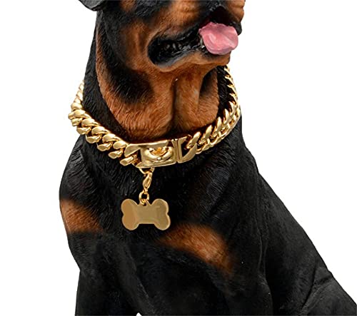 MTRSUE 15MM Gold Ketten Halsband Hund, 18K Karat Vergoldet Fest Rostfreier Stahl Glied, Trainingshalsband Hund mit Design Sicherheitsschnalle Und Hundemarken, (14 Zoll) von MTRSUE