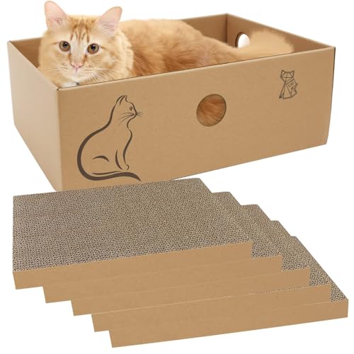 MUAEEOK Kratzbaum aus Karton mit Box, 5 Stück, wendbar, Ersatz für Katzenkratzer, gewellte Kratzlounge für den Innenbereich, Kätzchen zum Ausruhen, Spielen, geeignet für bis zu 5 kg (33 x 24 x 11 cm) von MUAEEOK