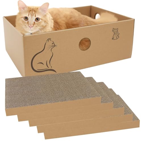 MUAEEOK Katzenkratzer aus Karton mit 33 x 24 x 11 cm Box, 5 Stück wendbare Katzenkratzpads, Ersatz für Katzenkratzer, gewellte Kratzlounge für Indoor-Kätzchen zum Ausruhen, geeignet für bis zu 5 kg von MUAEEOK