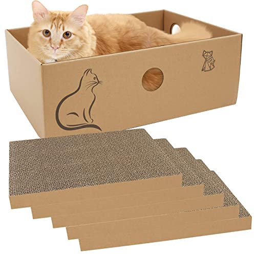 MUAEEOK Katzenkratzer aus Karton mit 33 x 24 x 11 cm Box, 5 Stück wendbare Katzenkratzpads, Ersatz für Katzenkratzer, gewellte Kratzlounge für Indoor-Kätzchen zum Ausruhen, geeignet für bis zu 5 kg von MUAEEOK