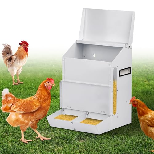 MUALROUS 25LBS Automatischer Hühnerfutterautomat Rattensicherer Hühnerfuttertrog mit Deckel Metall Geflügelfutterautomat Kein Abfall Hängender Spender für Wachteln, Zwerghühner, Enten und Pute von MUALROUS