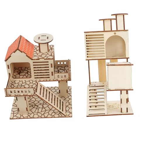 MUELODSIC 2 STÜCK Hamster Kletterplattform Holz Pet Villa Kletterspielzeug Kleintier Nest mit Bissfestem Material rutschfeste Oberfläche für Zwerghamster und Kleine Haustiere von MUELODSIC