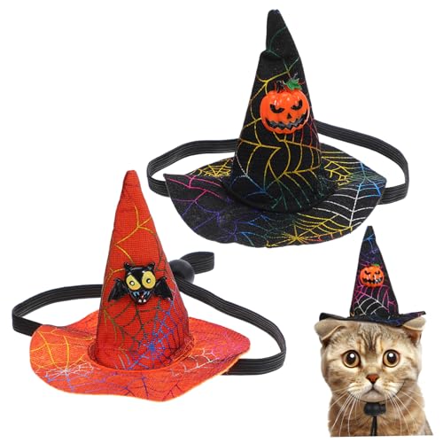 MUELODSIC 2 Stück Verstellbarer Teiliges Halloween Haustierhut mit Kürbis und Fledermausdesign Atmungsaktiv Bequem und Wärmend Geeignet für Hunde und Katzen an Halloween von MUELODSIC