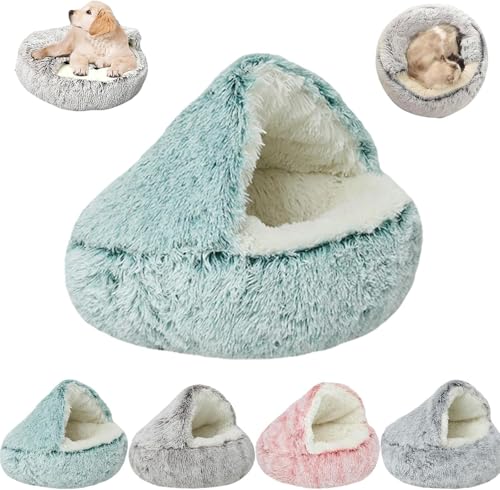 MUGUOY Cozy Cocoon Calming Dog Bed, Calming Cocoon Pet Beds for Small Dogs Cats Pets, Round Plush Fluffy Hooded Cave, Anti-Slip Bottom Washable Pet Sleeping Bag (Blue,60CM) von MUGUOY