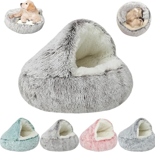 MUGUOY Cozy Cocoon Calming Dog Bed, Calming Cocoon Pet Beds for Small Dogs Cats Pets, Round Plush Fluffy Hooded Cave, Anti-Slip Bottom Washable Pet Sleeping Bag (Brown,70CM) von MUGUOY