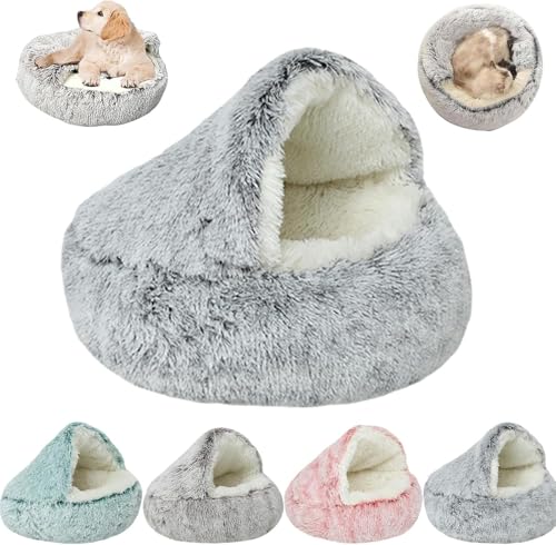 MUGUOY Cozy Cocoon Calming Dog Bed, Calming Cocoon Pet Beds for Small Dogs Cats Pets, Round Plush Fluffy Hooded Cave, Anti-Slip Bottom Washable Pet Sleeping Bag (Grey,100CM) von MUGUOY