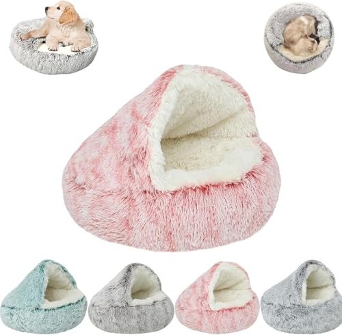 MUGUOY Cozy Cocoon Calming Dog Bed, Calming Cocoon Pet Beds for Small Dogs Cats Pets, Round Plush Fluffy Hooded Cave, Anti-Slip Bottom Washable Pet Sleeping Bag (Pink,100CM) von MUGUOY