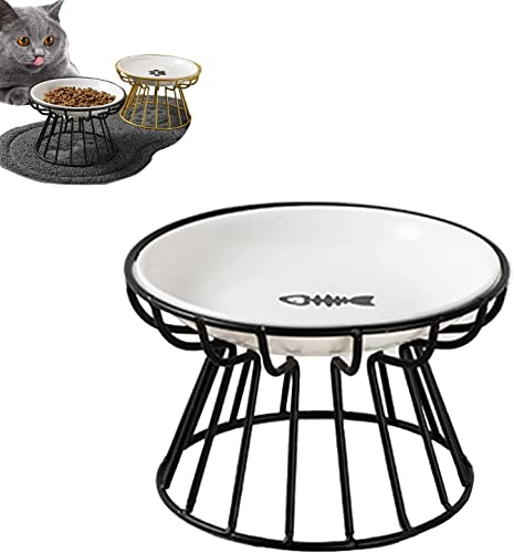 Whisker-Friendly Anti-Vomit Cat Plate, Elevated Cat Bowl, Raised Ceramic Cat Dish with Non Slip Metal Stand, Food & Water Shallow Ceramic Dish, for Indoor Cat and Small Dogs (Black, Fish Plate) von MUGUOY