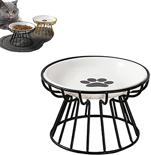 Whisker-Friendly Anti-Vomit Cat Plate, Elevated Cat Bowl, Raised Ceramic Cat Dish with Non Slip Metal Stand, Food & Water Shallow Ceramic Dish, for Indoor Cat and Small Dogs (Black, Paw Plate) von MUGUOY