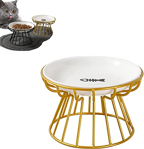 Whisker-Friendly Anti-Vomit Cat Plate, Elevated Cat Bowl, Raised Ceramic Cat Dish with Non Slip Metal Stand, Food & Water Shallow Ceramic Dish, for Indoor Cat and Small Dogs (Gold, Fish Plate) von MUGUOY