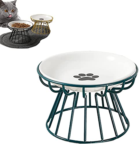 Whisker-Friendly Anti-Vomit Cat Plate, Elevated Cat Bowl, Raised Ceramic Cat Dish with Non Slip Metal Stand, Food & Water Shallow Ceramic Dish, for Indoor Cat and Small Dogs (Green, Paw Plate) von MUGUOY