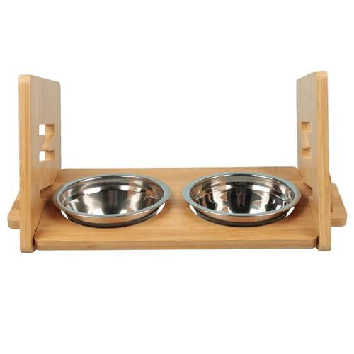 Doppelter erhöhter Futternapf für Hunde, verstellbare Hundebar, Schüssel aus Edelstahl, 1,8 l, mit rutschfester Halterung (Holz) von MUL-BOUTIQUE