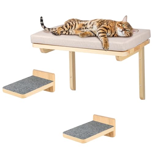 Klettergerüst für Katzen, Wandkorb aus Holz für Katzen, zum Schärfen der Krallen, mit grauem Kissen mit 2 Stufen Klettergerüst für Katzen, Wandkorb aus Holz für Katzen, zum Schärfen der Krallen, mit grauem Kissen mit 2 Stufen von MUL-BOUTIQUE